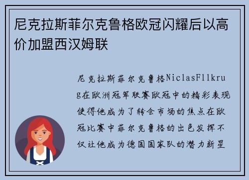 尼克拉斯菲尔克鲁格欧冠闪耀后以高价加盟西汉姆联